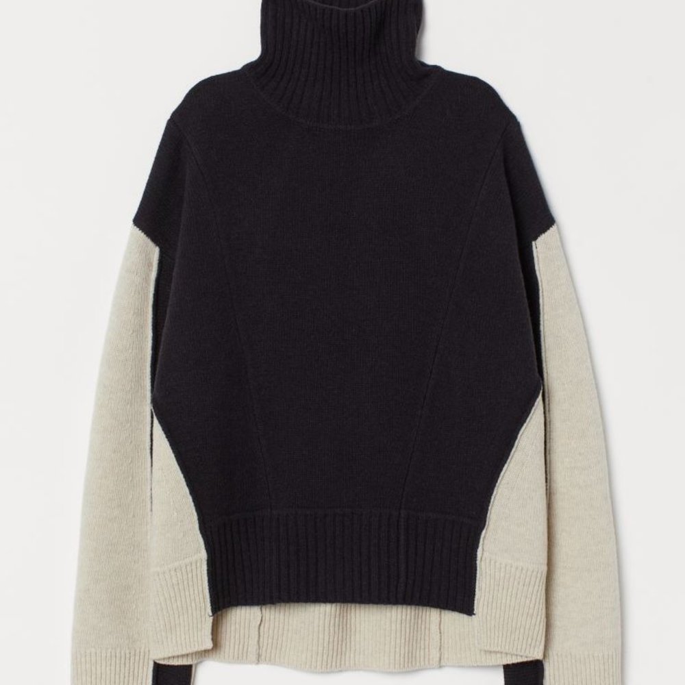 H&M STUDIO WIDE CUT WOOL SWEATER COLOR BLOCK TURLENECK NAVY WHITE NWOT S $99